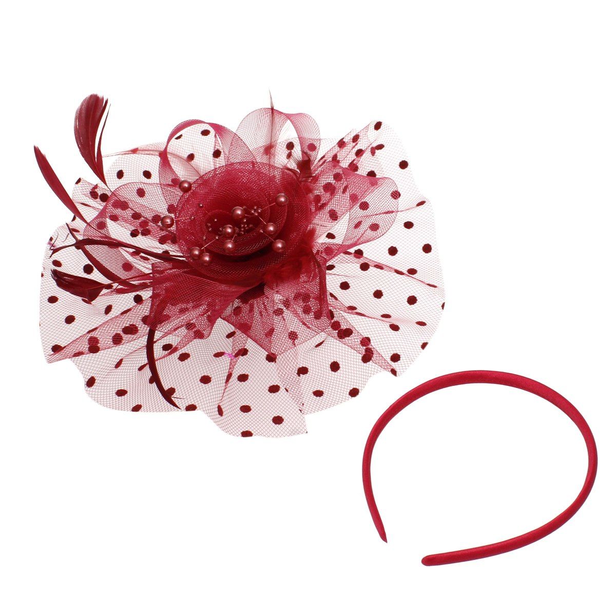 Fashion Fascinator Burgundy Flower Feather Polka Dot Chic Accessory
