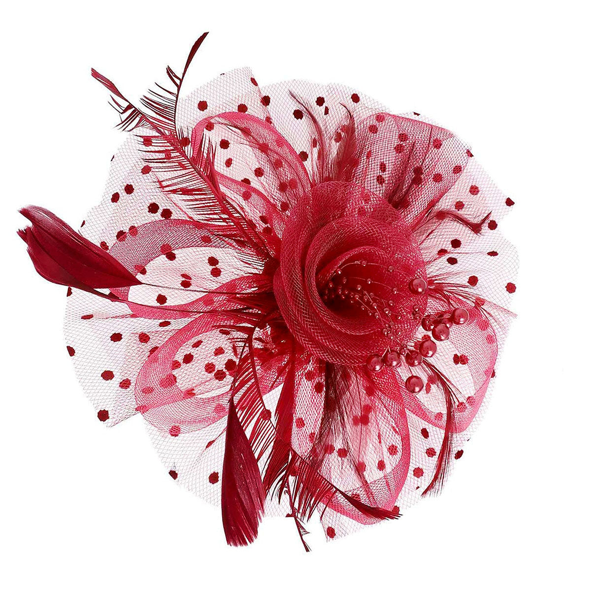 Fashion Fascinator Burgundy Flower Feather Polka Dot Chic Accessory