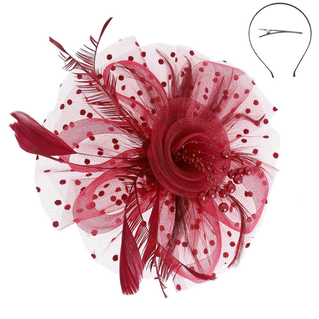 Fashion Fascinator Burgundy Flower Feather Polka Dot Chic Accessory