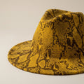 Fashion Fedora Hat Mustard Yellow Brown Snake Print Stylish Statement Accessory