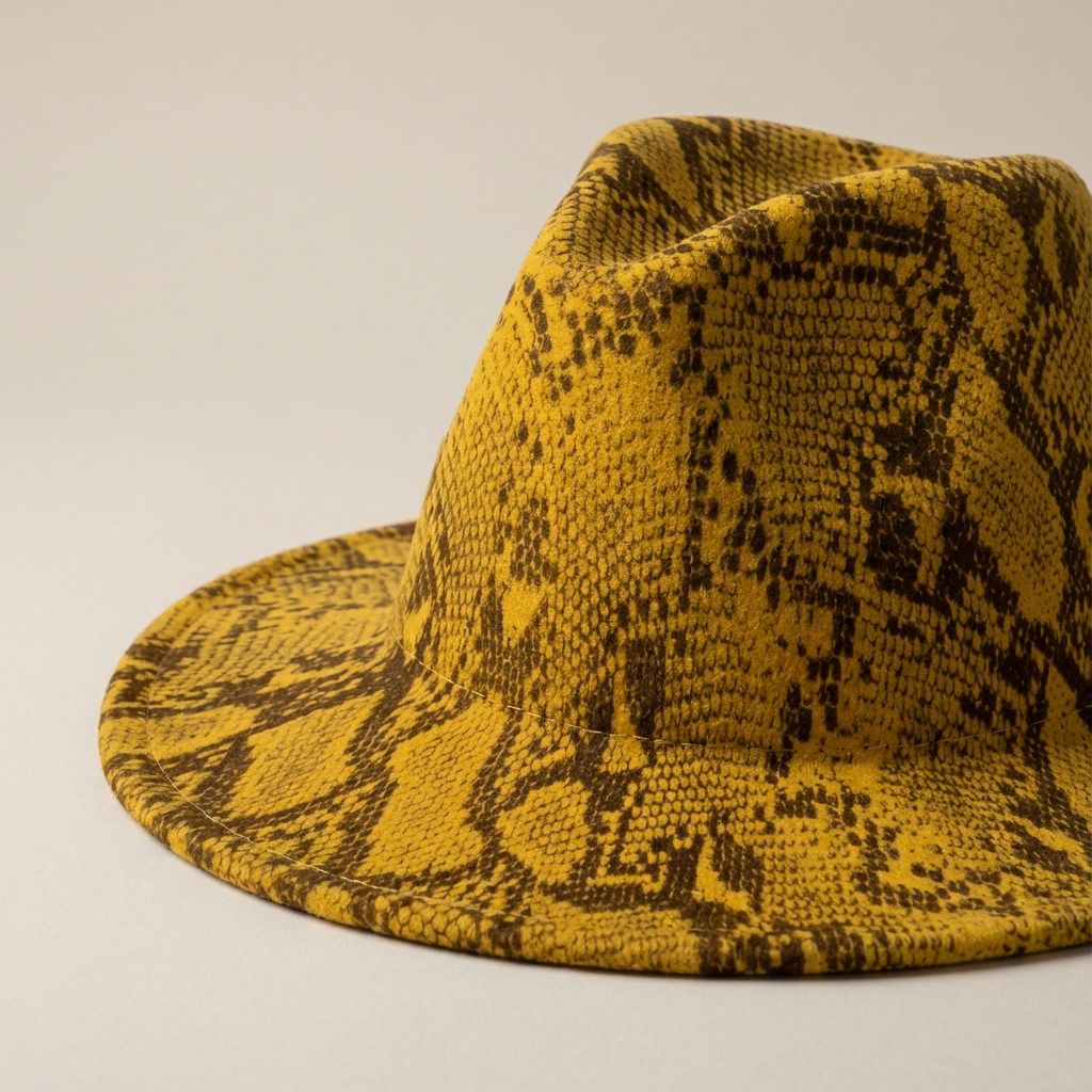 Fashion Fedora Hat Mustard Yellow Brown Snake Print Stylish Statement Accessory