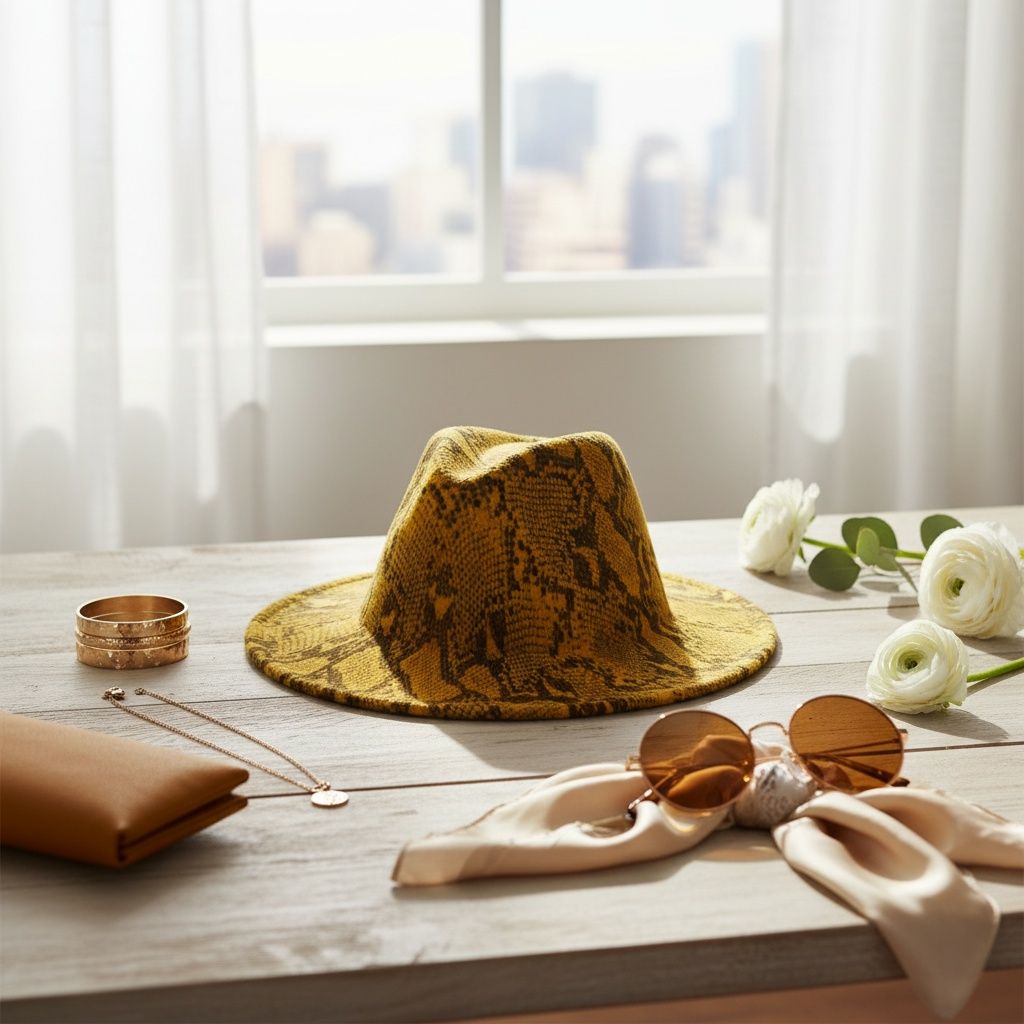 Fashion Fedora Hat Mustard Yellow Brown Snake Print Stylish Statement Accessory