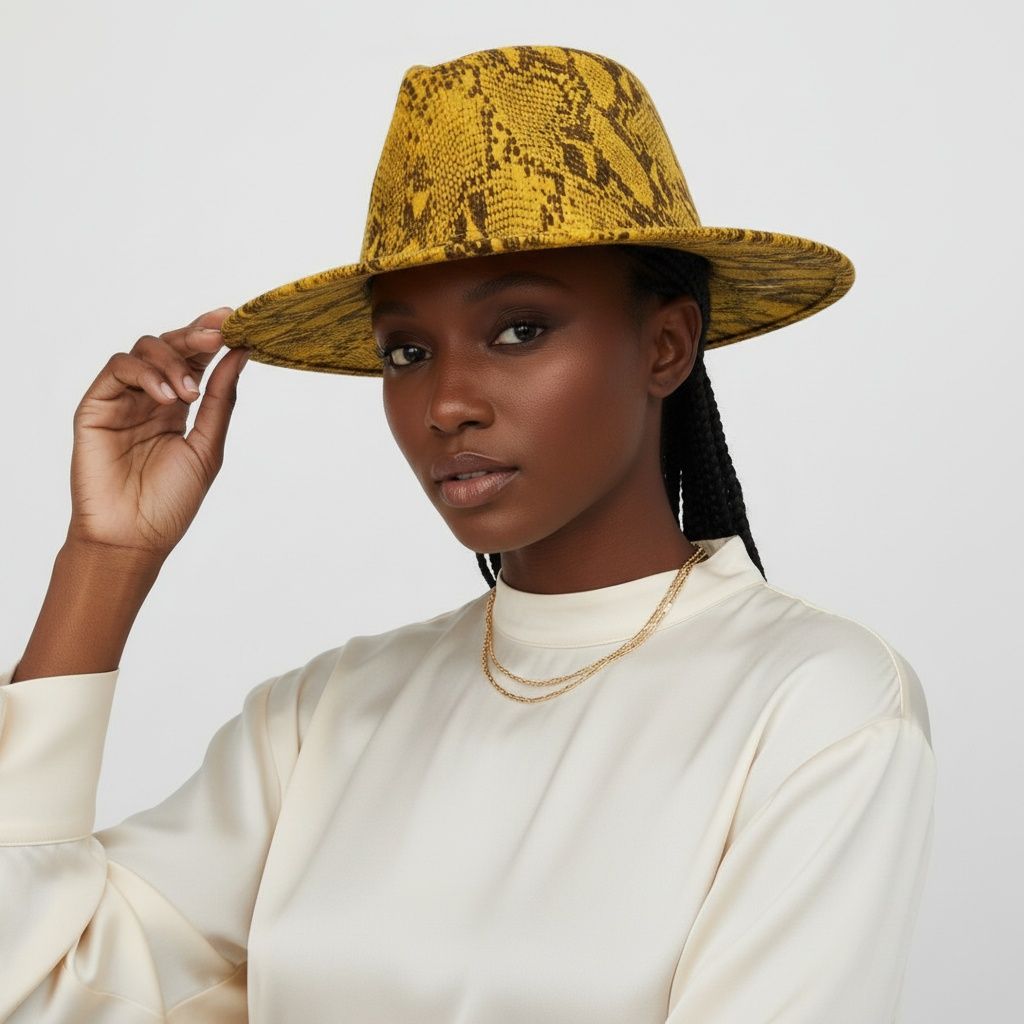Fashion Fedora Hat Mustard Yellow Brown Snake Print Stylish Statement Accessory