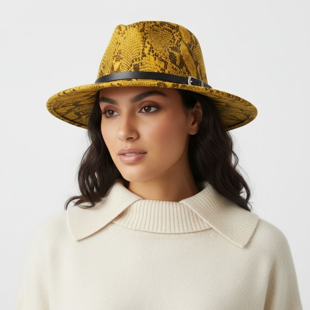 Fashion Fedora Hat Mustard Yellow Brown Snake Print Stylish Statement Accessory