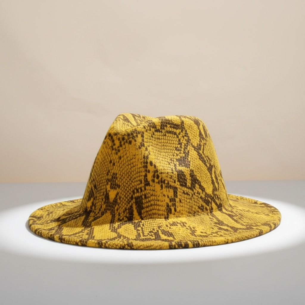 Fashion Fedora Hat Mustard Yellow Brown Snake Print Stylish Statement Accessory