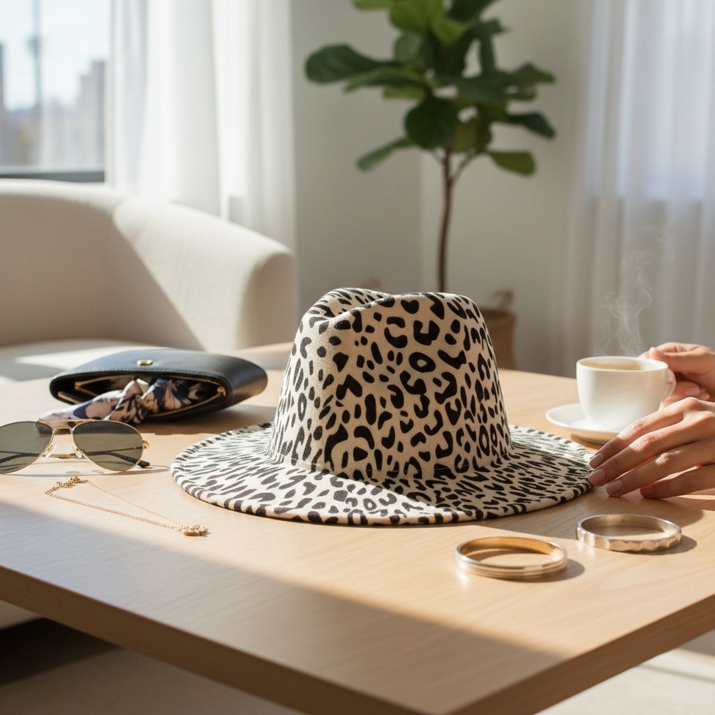 Fashion Fedora Hat Beige Ivory with Black Leopard Print Stylish Accessory