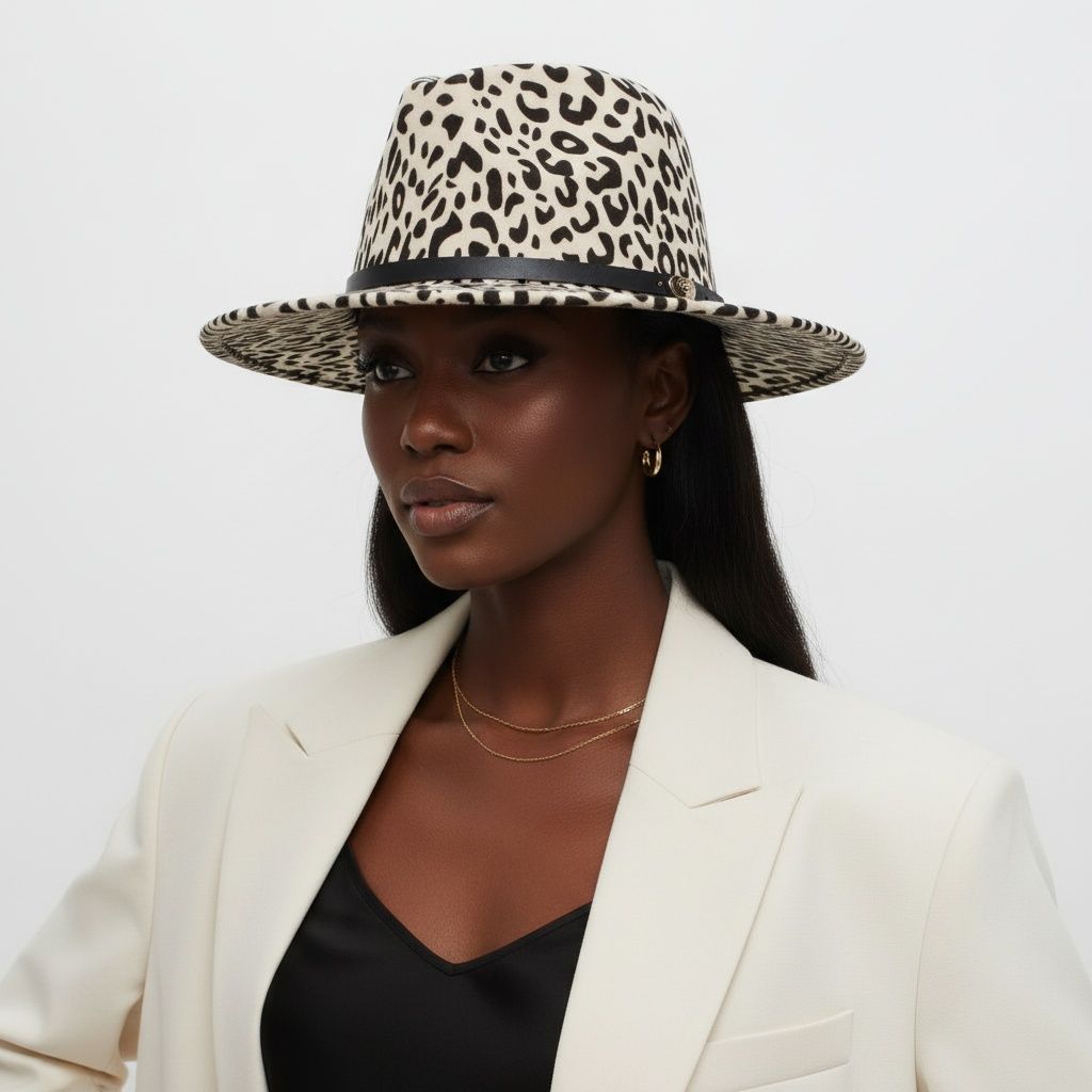 Fashion Fedora Hat Beige Ivory with Black Leopard Print Stylish Accessory