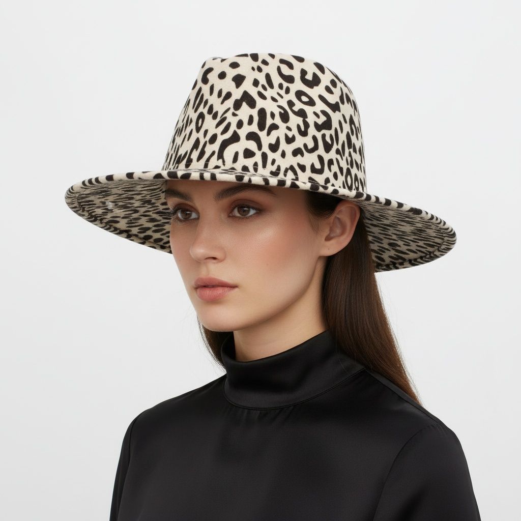 Fashion Fedora Hat Beige Ivory with Black Leopard Print Stylish Accessory