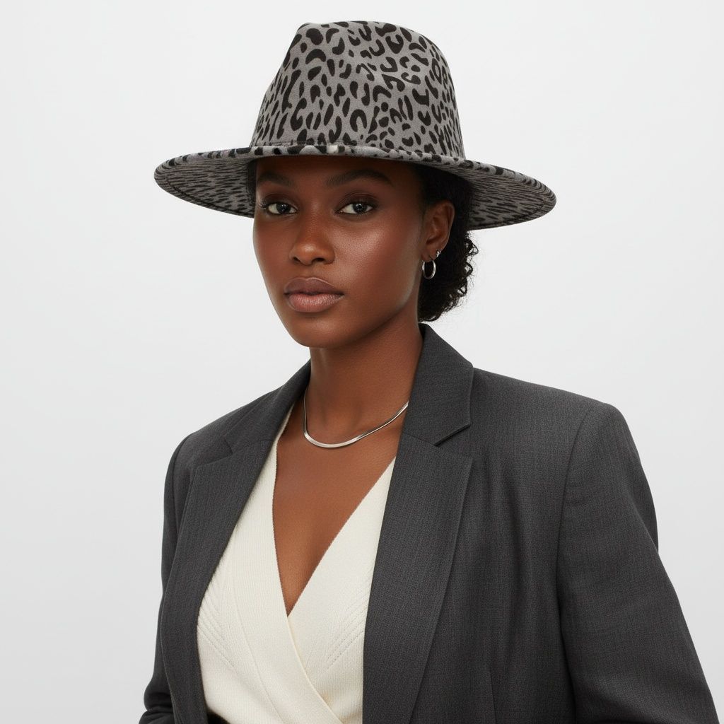 Fashion Fedora Hat Gray with Black Leopard Print Stylish Statement Accessory