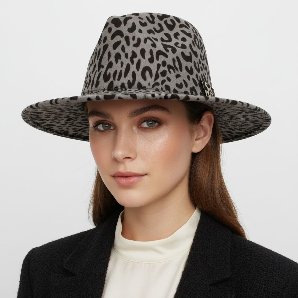 Fashion Fedora Hat Gray with Black Leopard Print Stylish Statement Accessory