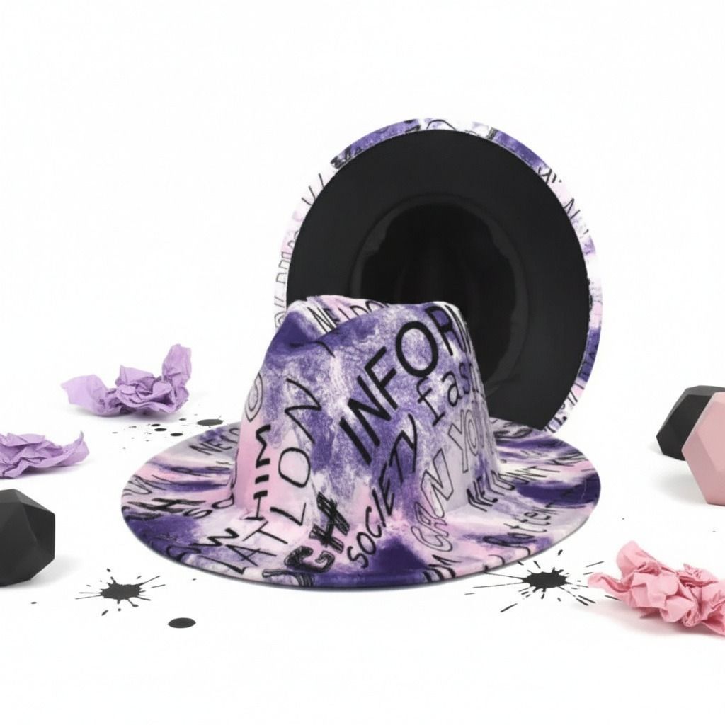 Fashion Hat Fedora Purple White Tie Dye Graffiti Stylish Casual