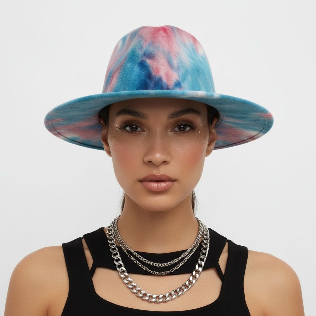 Women’s Fedora Hat Blue Pink Tie Dye Trendy Fashion Accessory