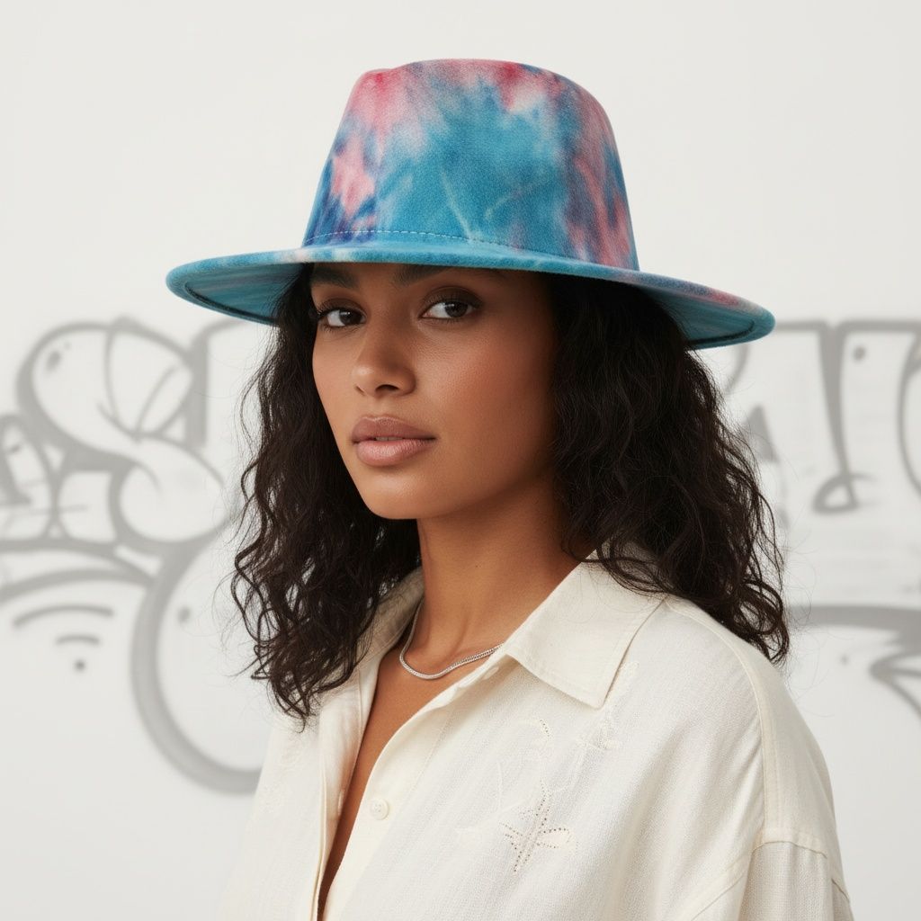 Women’s Fedora Hat Blue Pink Tie Dye Trendy Fashion Accessory