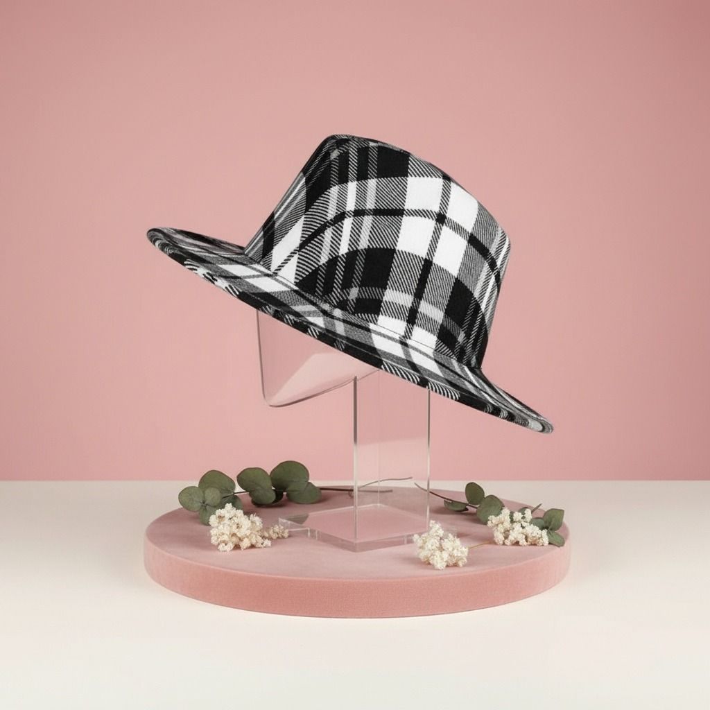 Fedora Hat Black White Plaid Stylish Trendy Accessory