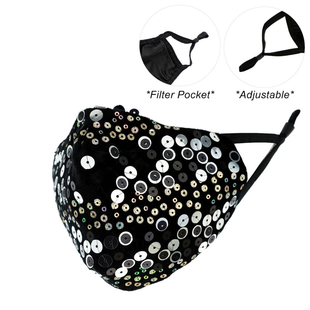 Fashion Face Mask Silver Sequin Black Stylish Chic Accessory