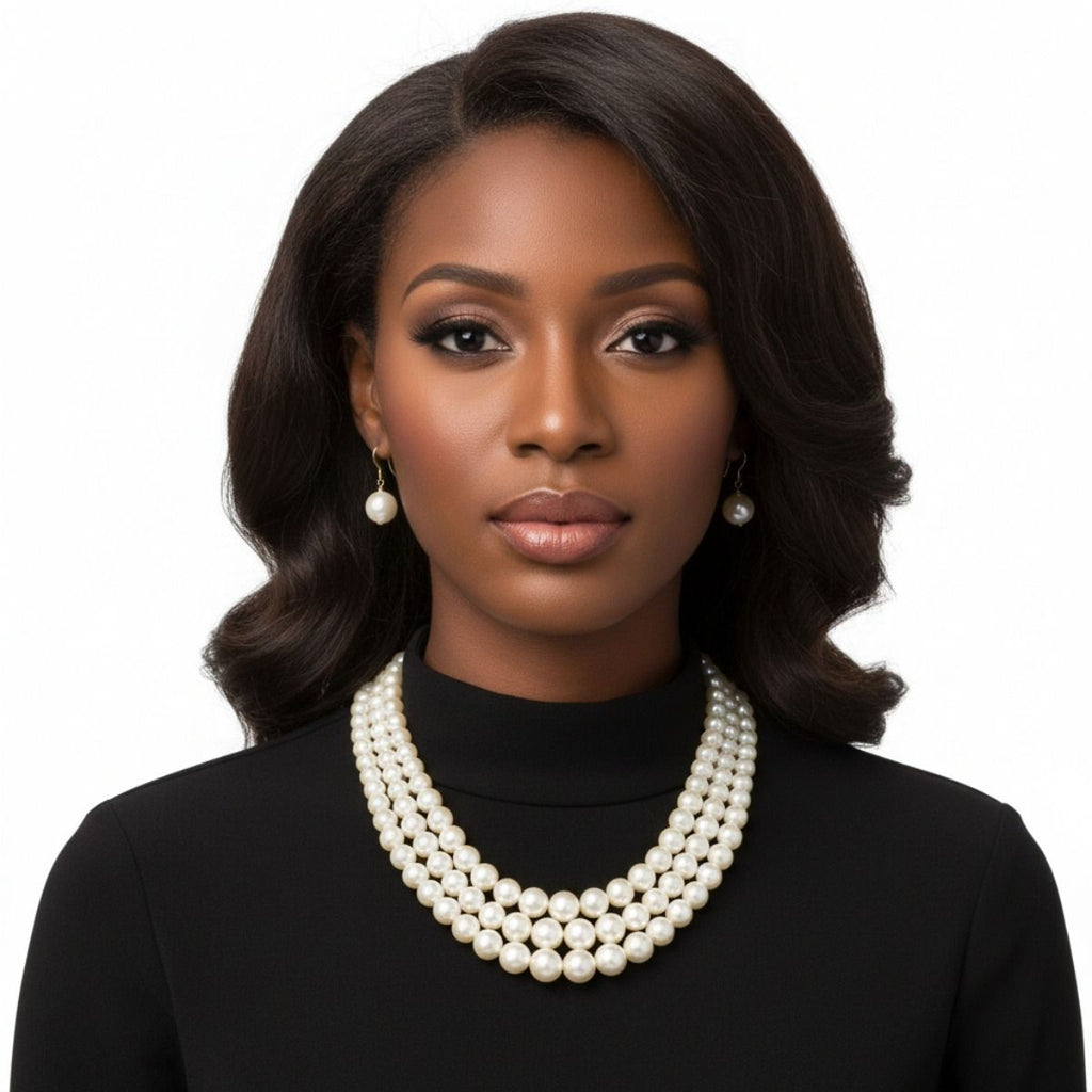 Layered 3-Strand Gold Necklace Set with Cream Pearl – Elegant Statement Jewelry