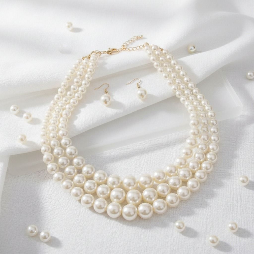 Layered 3-Strand Gold Necklace Set with Cream Pearl - Stylish Elegant Statement Jewelry