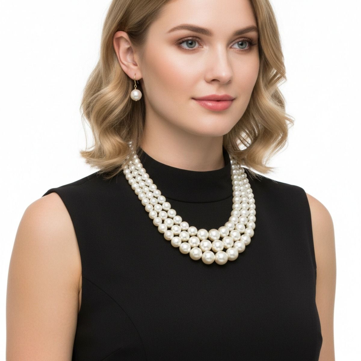 Layered 3-Strand Gold Necklace Set with Cream Pearl Accents – Stylish Elegant Statement Jewelry