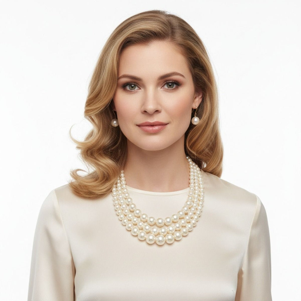 Layered 3-Strand Gold Necklace Set with Cream Pearl – Elegant Statement Jewelry