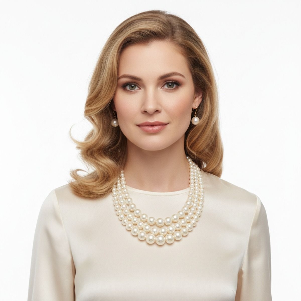 Layered 3-Strand Gold Necklace Set with Cream Pearl – Elegant Statement Jewelry