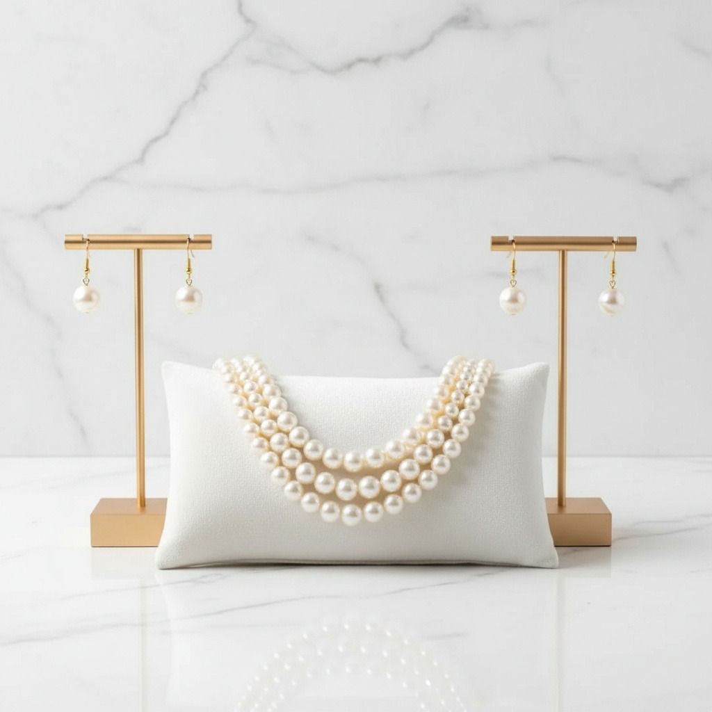 Layered 3-Strand Gold Necklace Set with Cream Pearl – Elegant Statement Jewelry