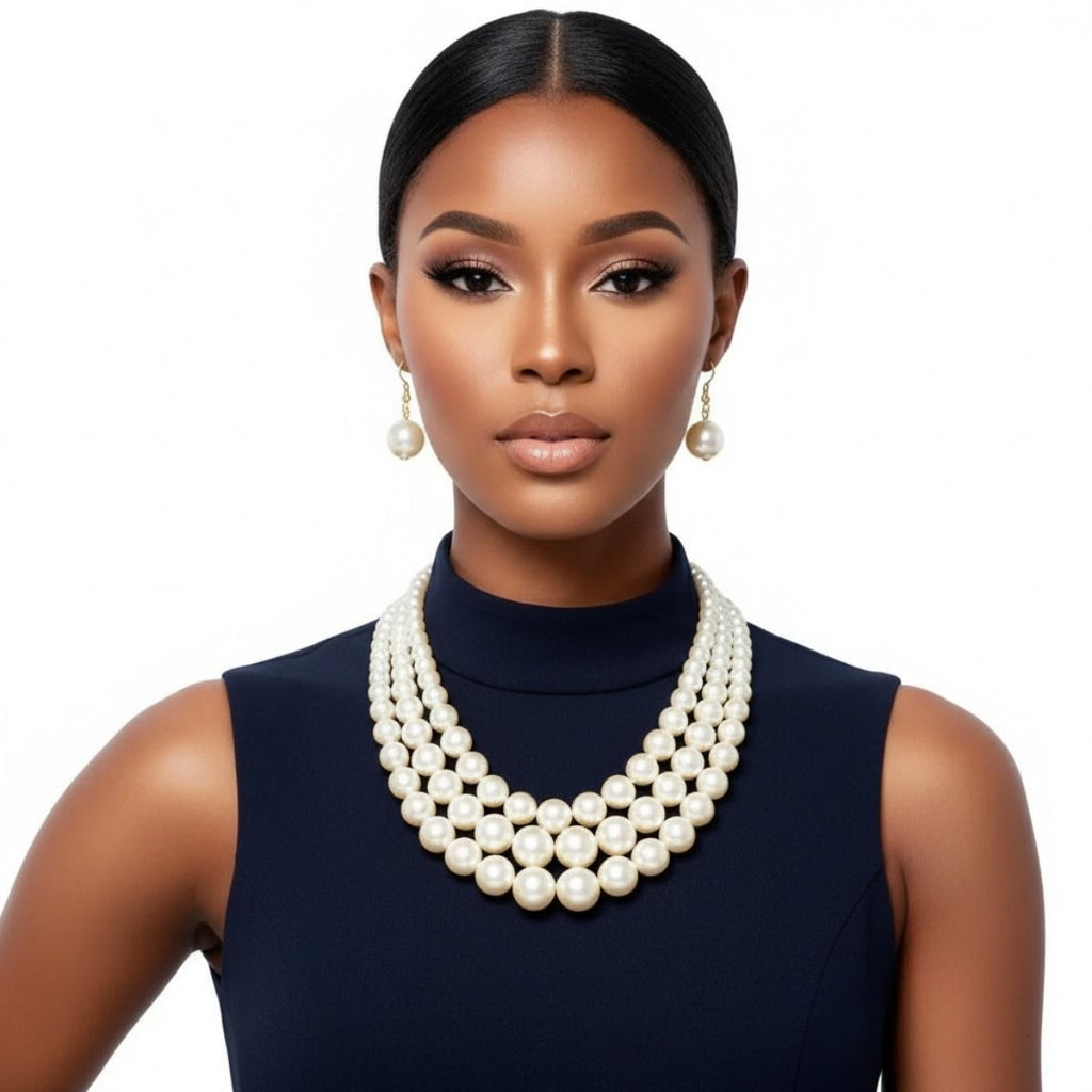 Layered 3-Strand Gold Necklace Set with Cream Pearl – Elegant Statement Jewelry