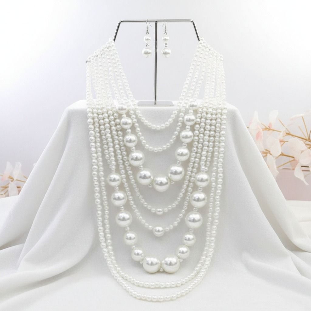 Pearl Necklace Set White Long Elegant Stylish Jewelry