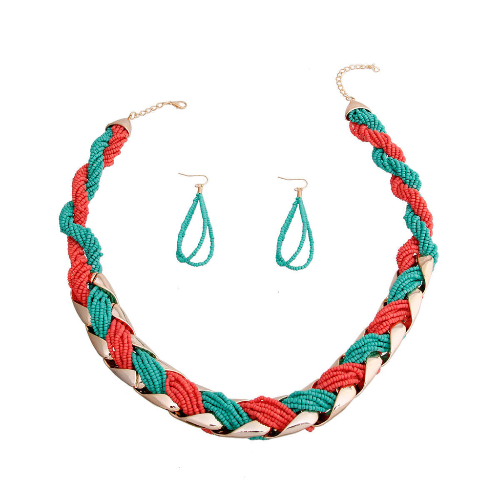Statement Twisted Necklace with Turquoise and Coral Beads, Stylish Fashion Jewelry
