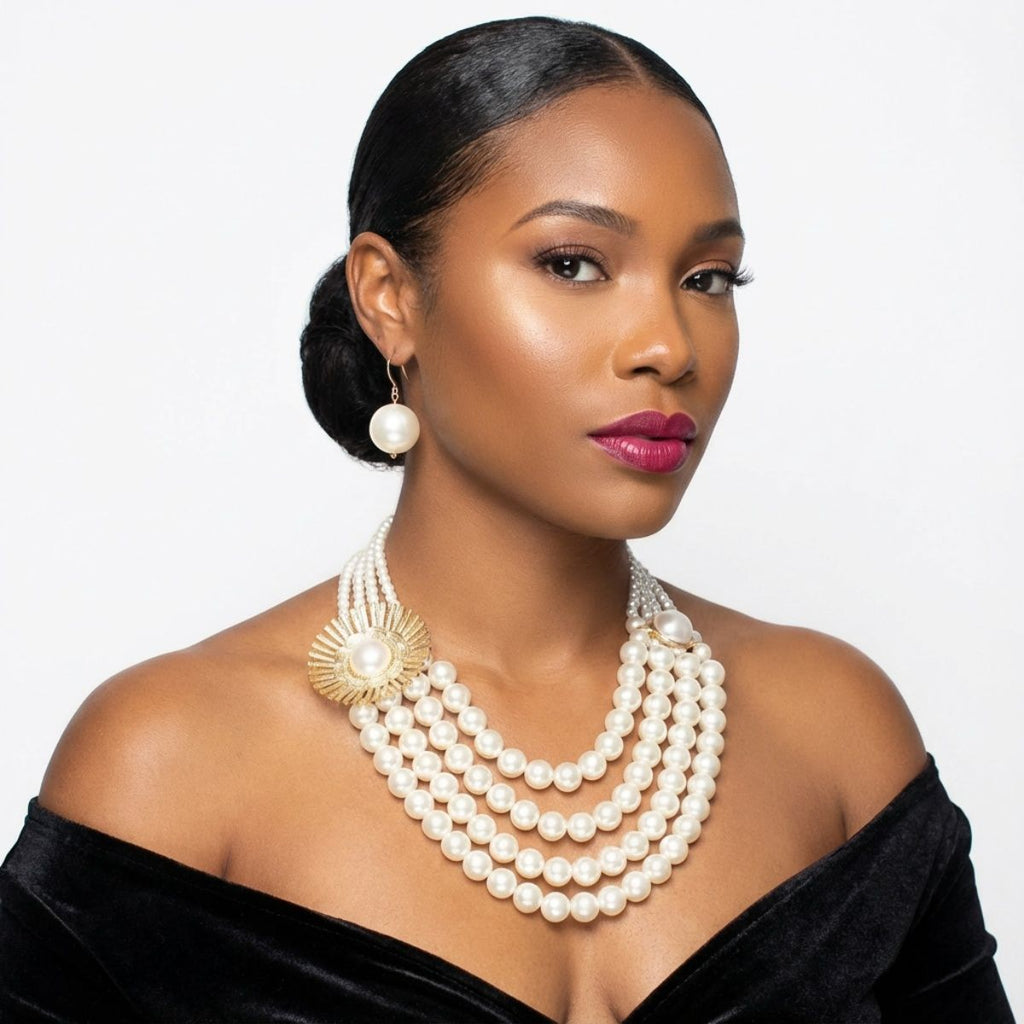 Statement Chunky Necklace Cream Pearl Floral Detail 4 Layer Layered Chic Jewelry