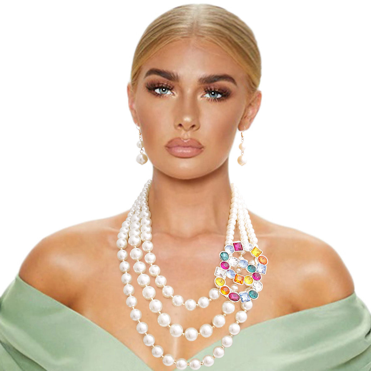 Statement Necklace Set Multi-Color Infinity Ring with 3-Layer Pearl Necklace Trendy Elegant Jewelry