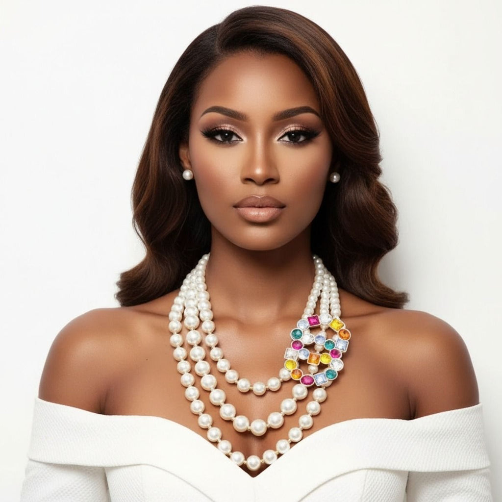 Statement Necklace Set Multi-Color Infinity Ring with 3-Layer Pearl Necklace Trendy Elegant Jewelry