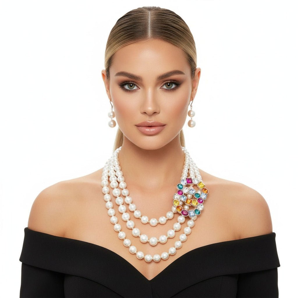 Statement Necklace Set Multi-Color Infinity Ring with 3-Layer Pearl Necklace Trendy Elegant Jewelry
