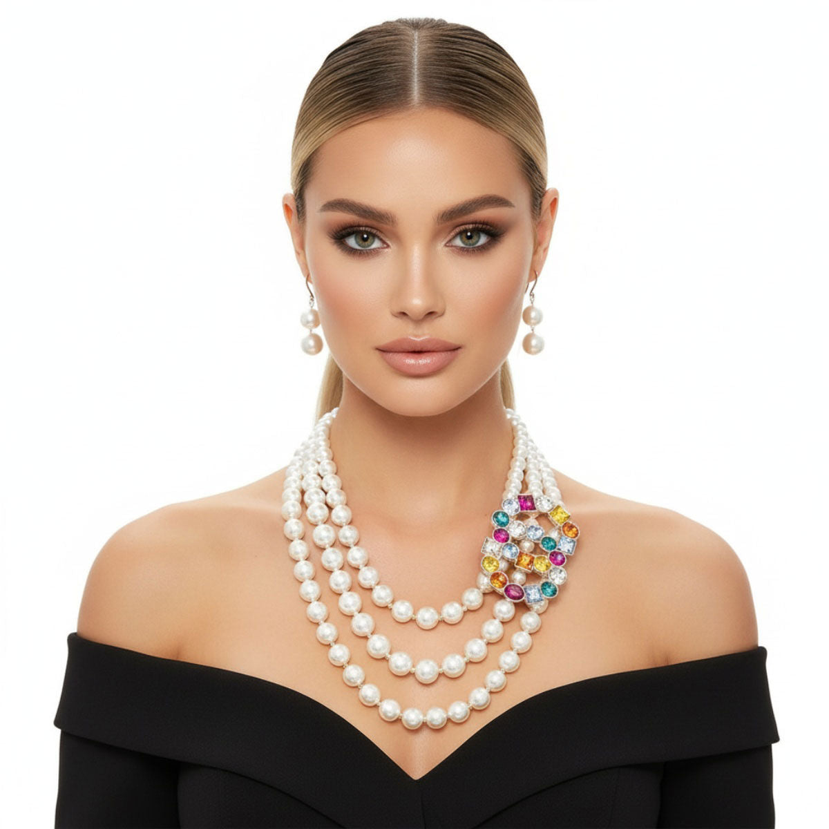 Statement Necklace Set Multi-Color Infinity Ring with 3-Layer Pearl Necklace Trendy Elegant Jewelry