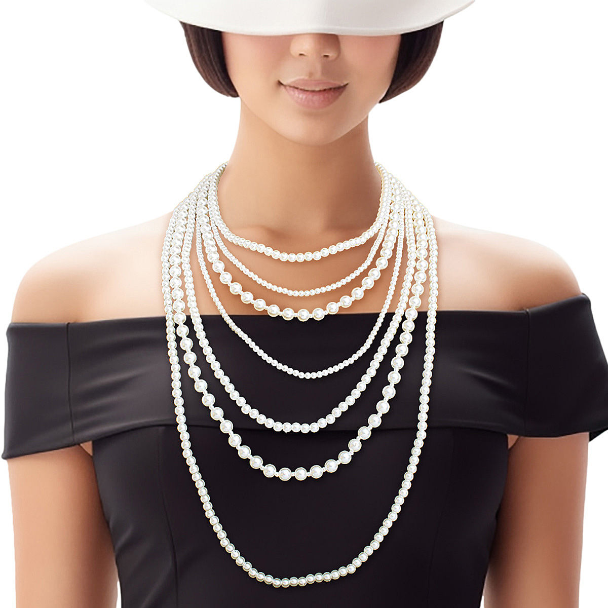Women’s Pearl Necklace 7 Strand Long Layered Cream Statement Jewelry
