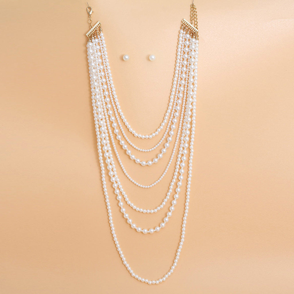 Women’s Pearl Necklace 7 Strand Long Layered Cream Statement Jewelry