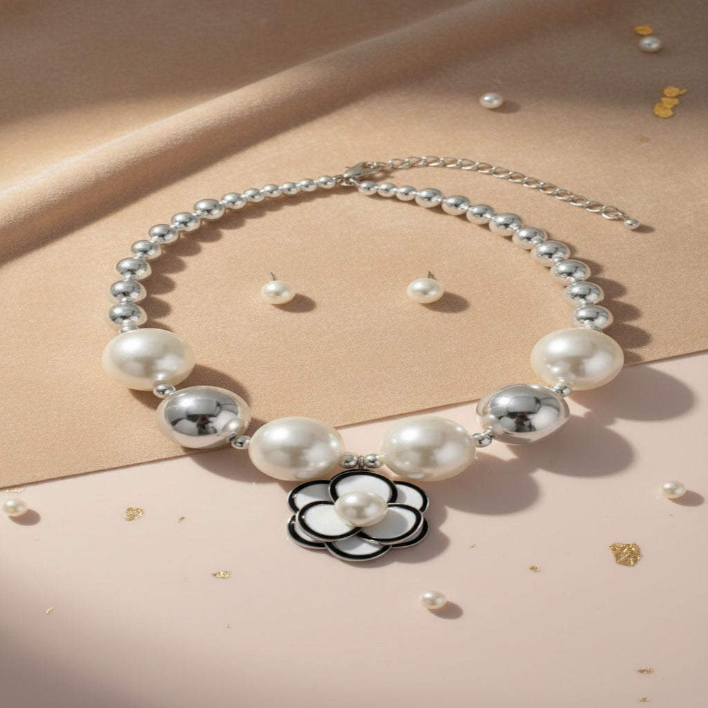Statement Necklace Silver Ball Pearl Camellia Flower Choker Stylish Jewelry