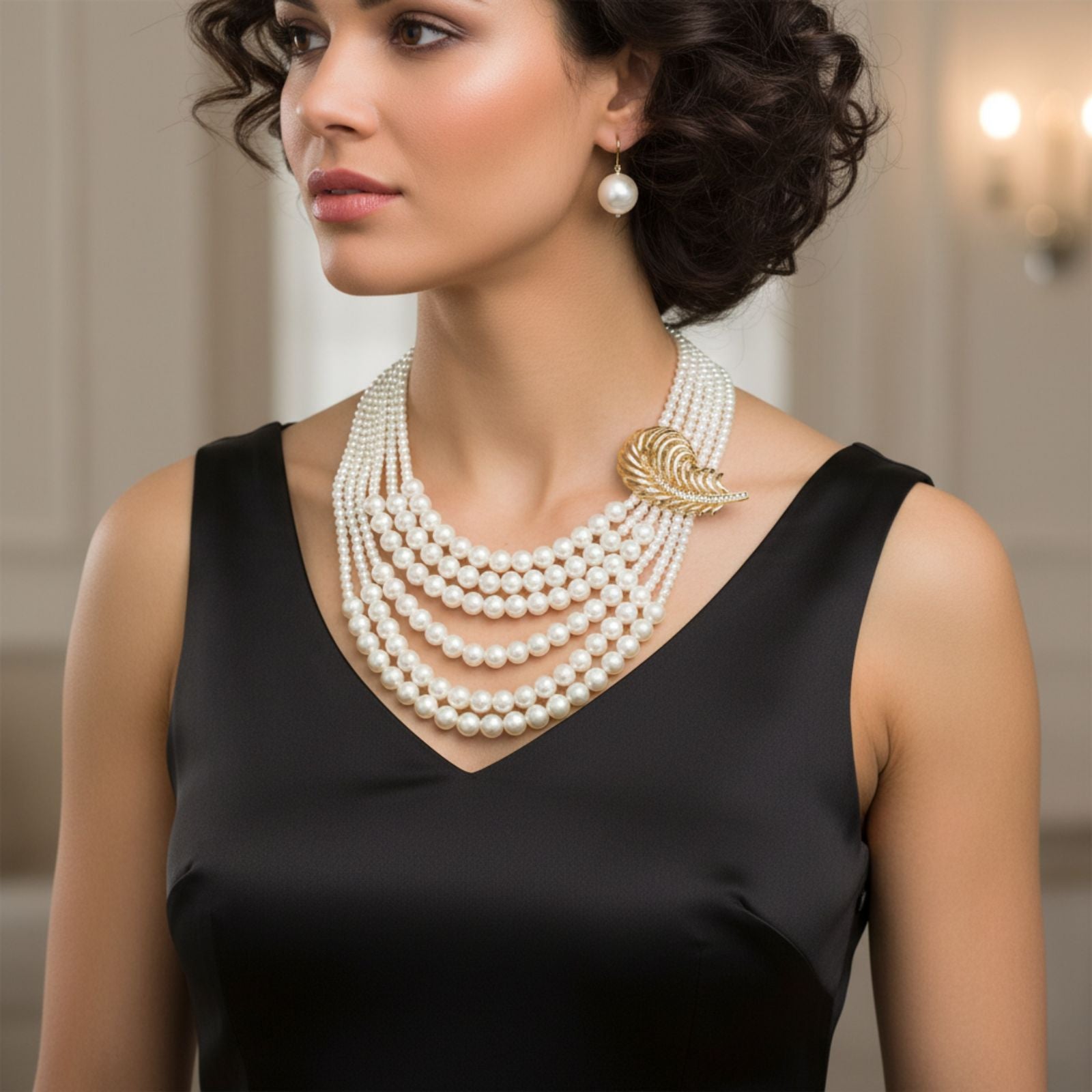 Statement Brooch Necklace with Cream Pearl and Detachable Feather – Stylish Fashion Accessory