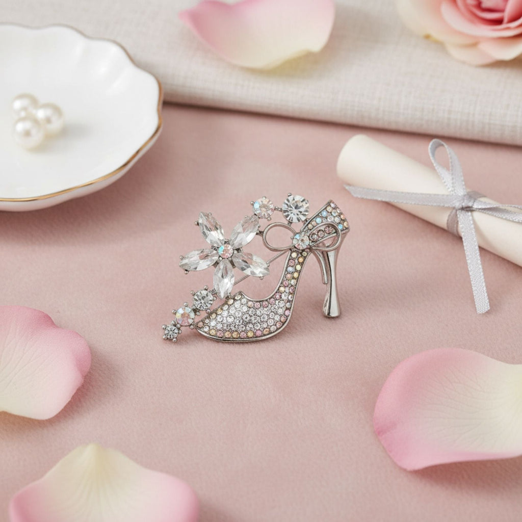 Crystal Clear High Heel Flower Silver Brooch Pin Stylish Statement Jewelry