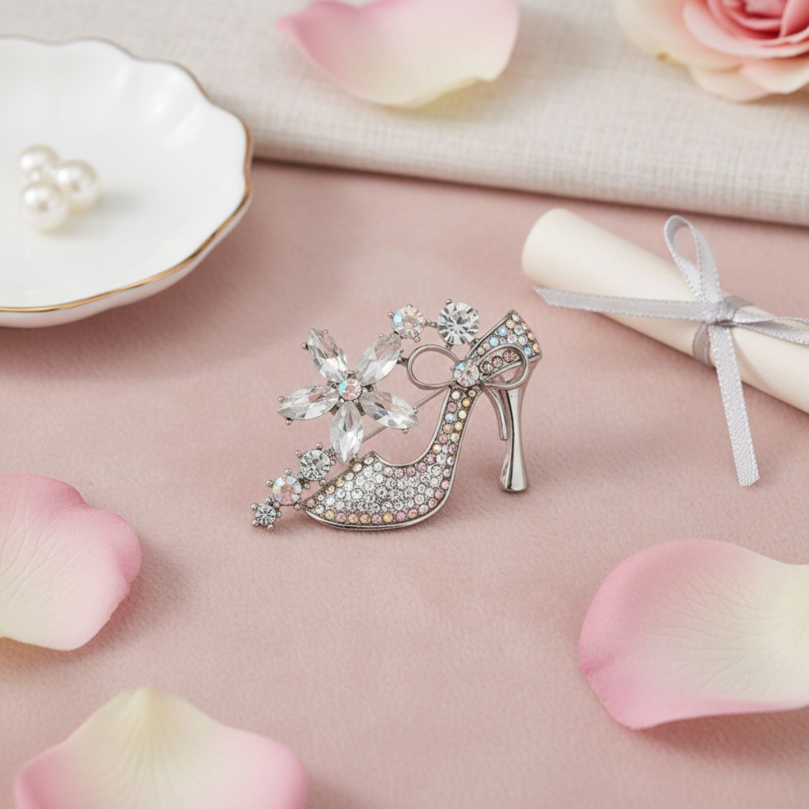 Fashion Brooch Silver Pin Clear Crystal High Heel Flower Statement Accessory