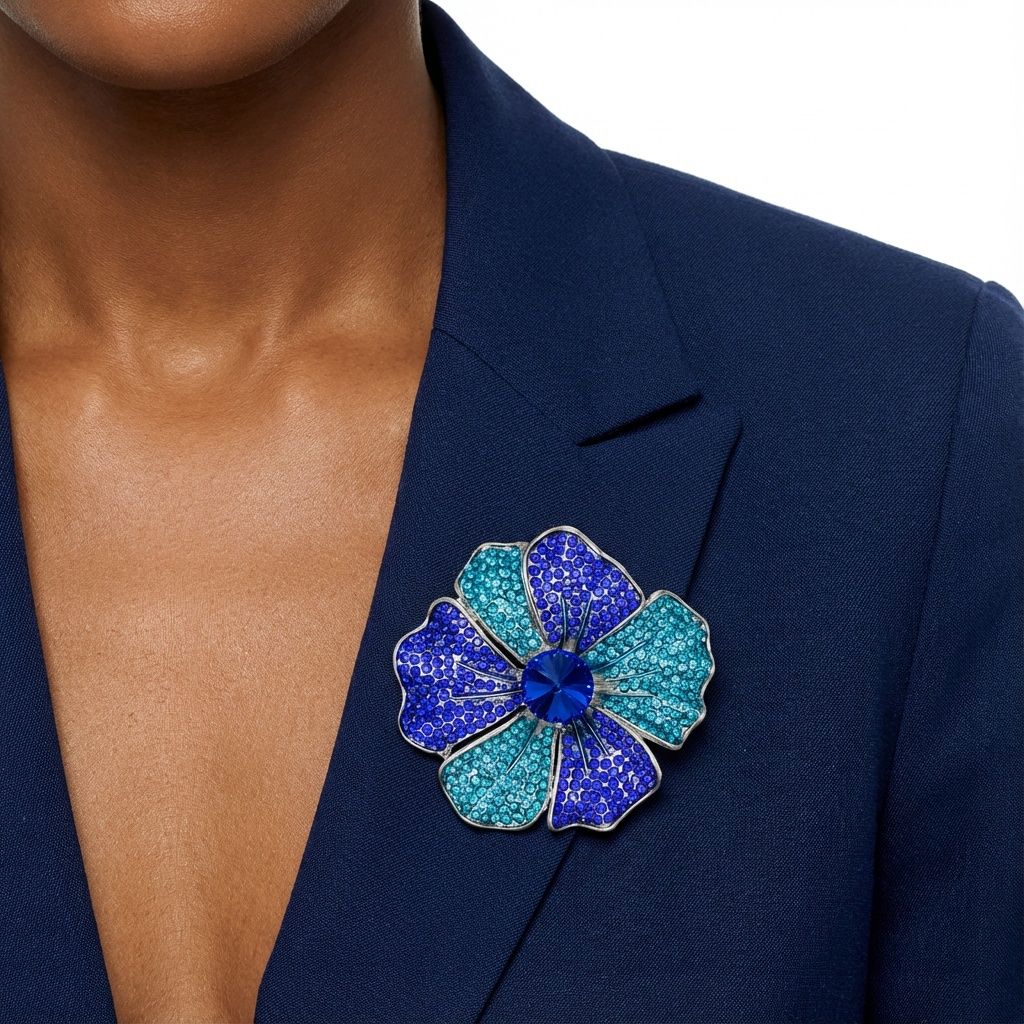 Statement Silver Flower Brooch Pin Large Royal and Aqua Blue Stylish Accessory