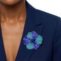 Statement Silver Flower Brooch Pin Large Royal and Aqua Blue Stylish Accessory