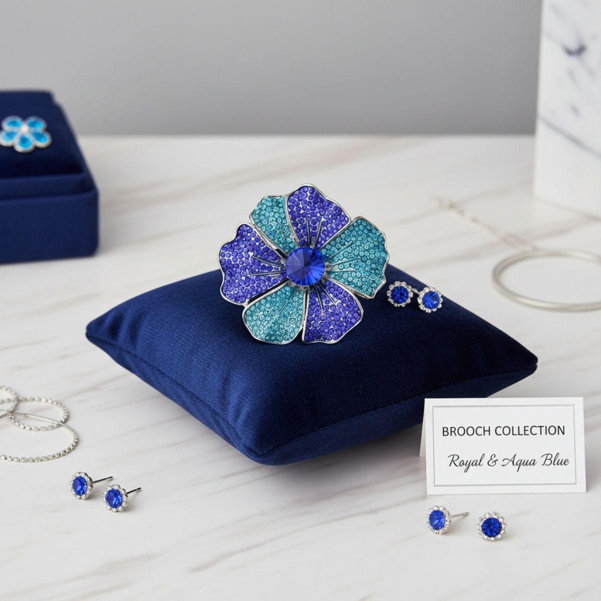 Statement Silver Flower Brooch Pin Large Royal and Aqua Blue Stylish Accessory