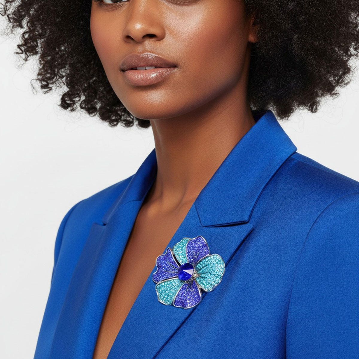 Statement Silver Flower Brooch Pin Large Royal and Aqua Blue Stylish Accessory