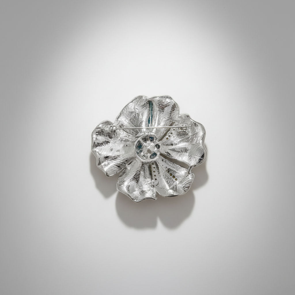 Statement Brooch Large Silver Flower Pin with Royal and Aqua Blue Accents