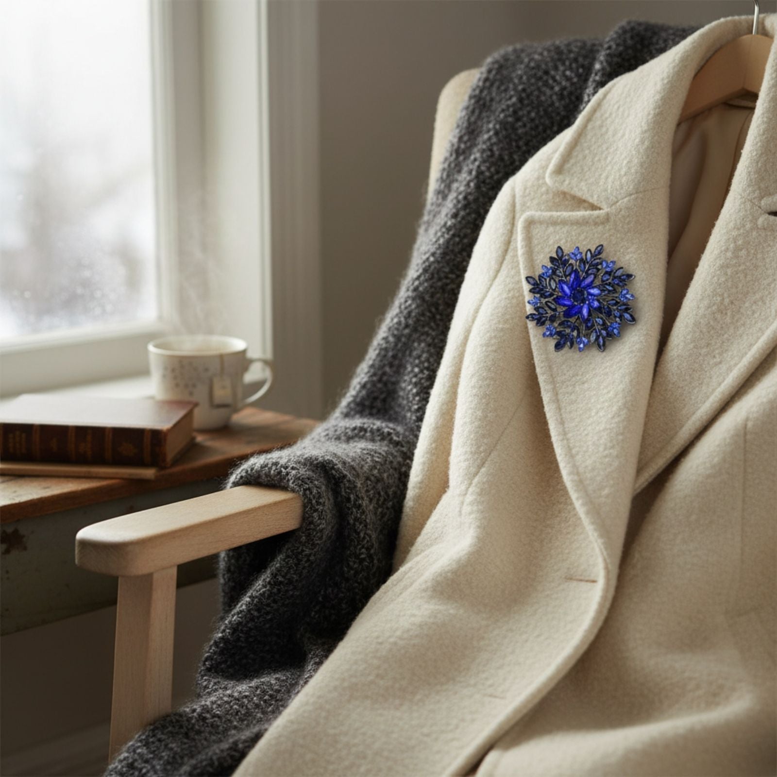 Statement Brooch Large Navy Royal Blue Snowflake Flower Pin