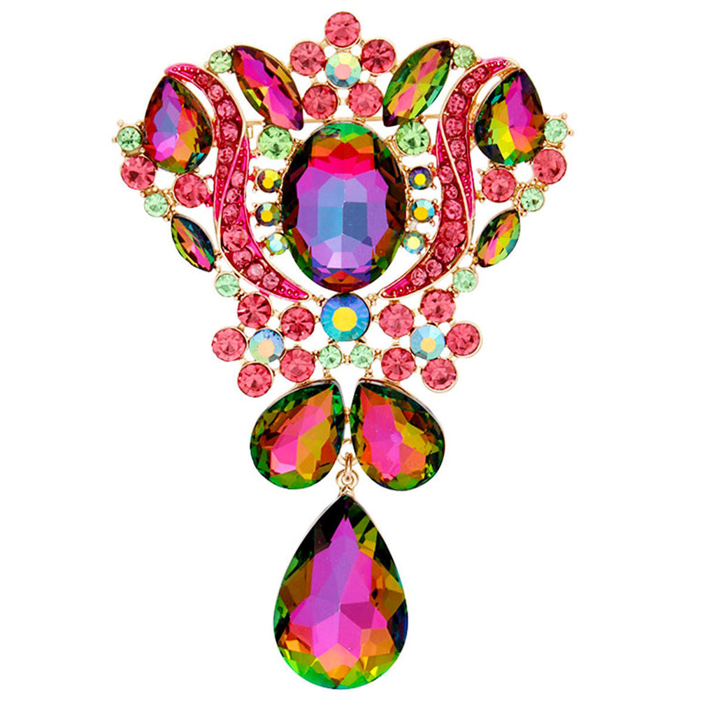 Statement Brooch Large Green Crystal Pink Rhinestone Pin Stylish Accessory