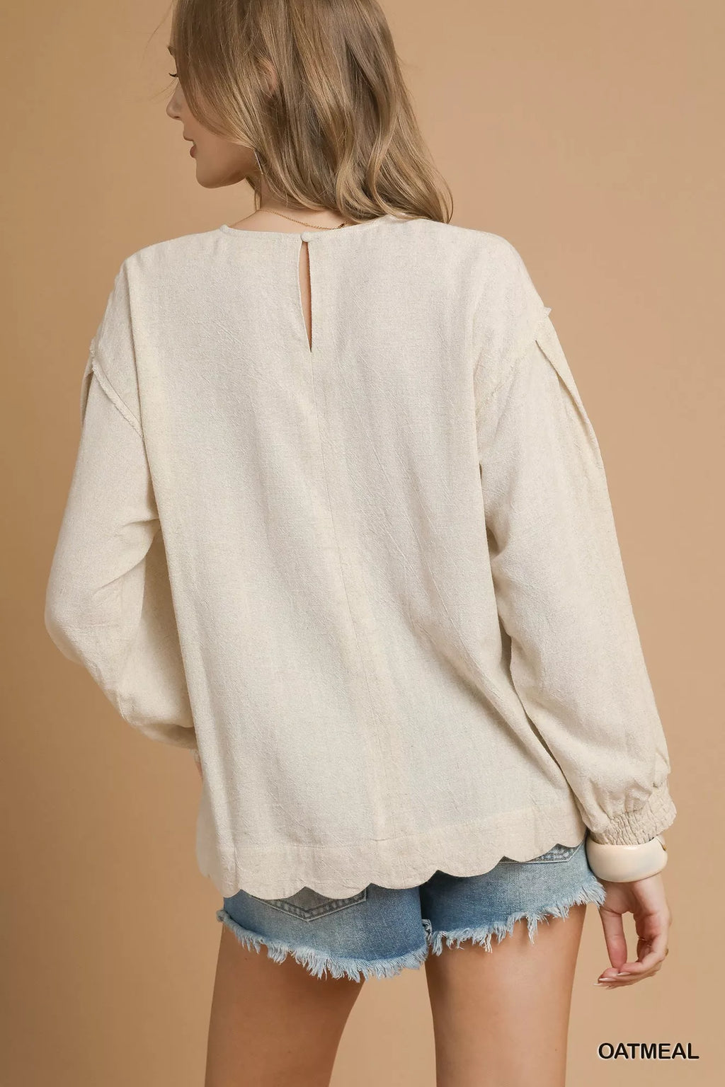 Linen Scallop Hem Long Sleeve Blouse