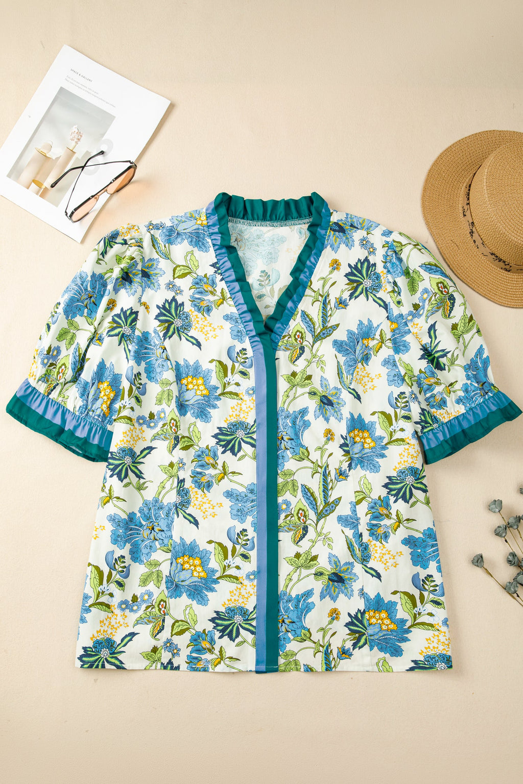 Sky Blue Plus Size Frilled V Neck Short Sleeve Floral Blouse