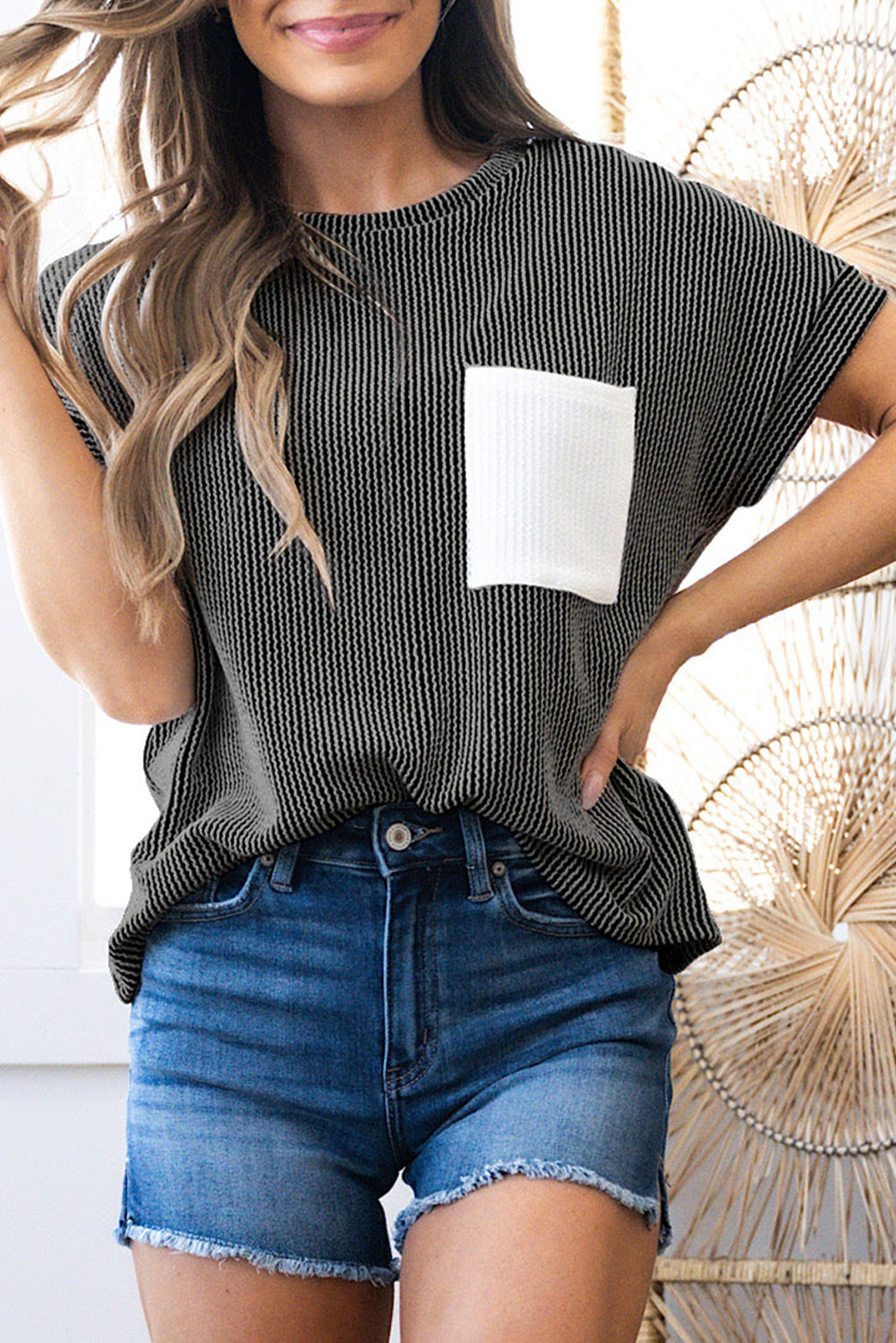 Light Blue Corded Colorblock Pocket Crew Neck T Shirt
