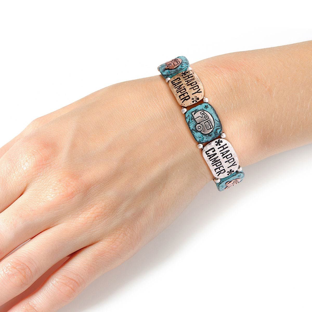 Engraved Patina Metal Bracelet Happy Camper Stylish Jewelry Accessory